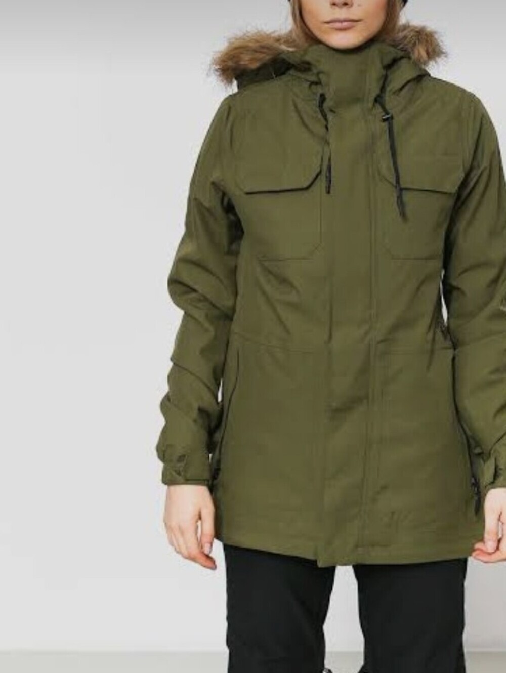 NWT Volcom Shadow Insulated Snowboard Jacket Faux Fur Hood Military Green Size L
